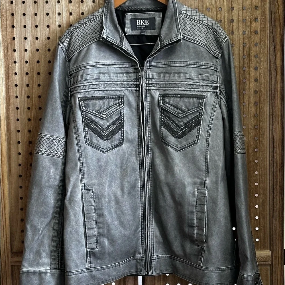 BKE Men’s Gray Moto Bomber Jacket Leather Look Embroidered Size L